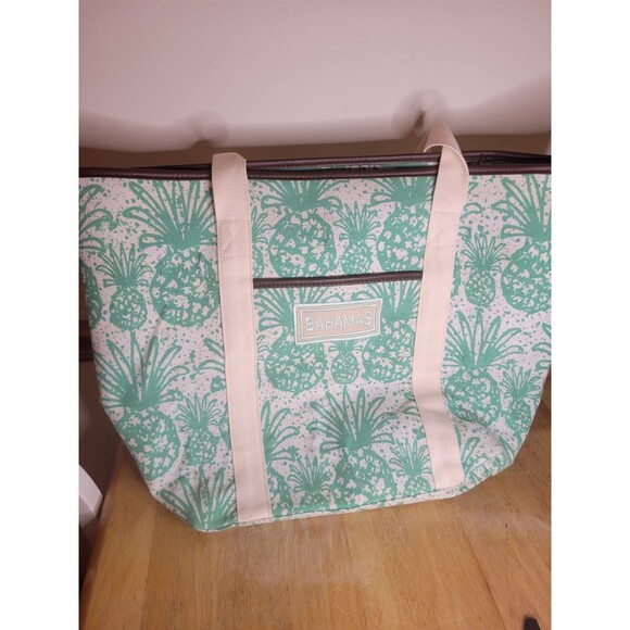 Bahamas Big ZIPPER, Embroidered CANVAS TOTE BEACH BAG. Teal And White - Picture 1 of 7